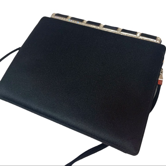 Judith Leiber black satin purse with rhinestones strap, mirror & comb - Picture 2 of 5